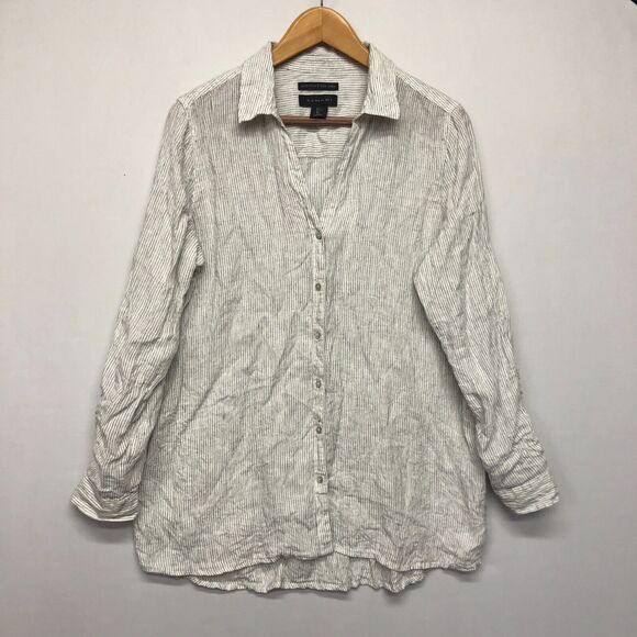 Tahari Women Long Sleeve 100% Linen Button Shirt Top Size Large Stripe B272 -13 - Picture 1 of 12